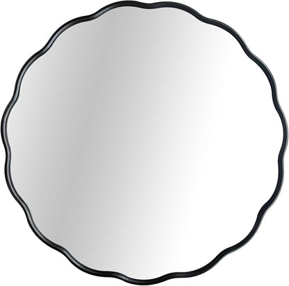 Black Round Wavy Mirror 30 Inch ，Circle Bathroom Vanity Mirror with Mental Frame Modern Decorative Wall Mirror for Living Room Hallway