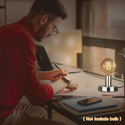 Helunsi Industrial Table Lamp Base, Silver E26 E27 Lamp Base Without Shade, Mini Short Desk Lamp Exposed Bulb Base, Simple Metal Edison Light Bulb Stand, with 5.8ft Cord Switch Plug Bulb Base Holder