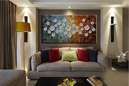 YaSheng Art - 100% Hand painted Contemporary Art Oil painting On Canvas white Flowers Abstract Paintings Modern Home Decor Wall Art for living room Bedroom Framed Ready to Hang 20x40inch