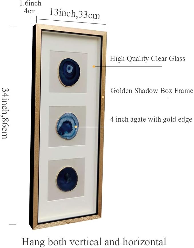 ARTECORS Handmade 15.7"x15.7" Gold Edge Natural Agate Wall Art with Shadow Box Frame Front Glass for Living Room Bedroom Home Decoration (Trio Blue)
