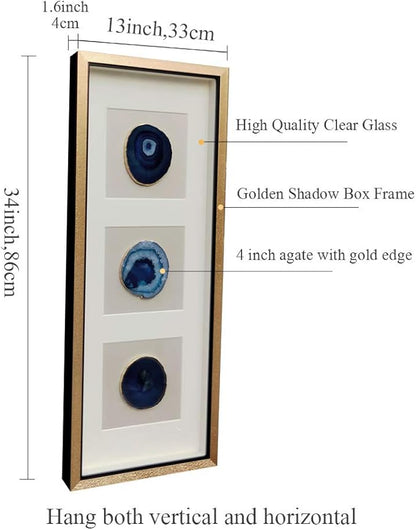 ARTECORS Handmade 15.7"x15.7" Gold Edge Natural Agate Wall Art with Shadow Box Frame Front Glass for Living Room Bedroom Home Decoration (Trio Blue)