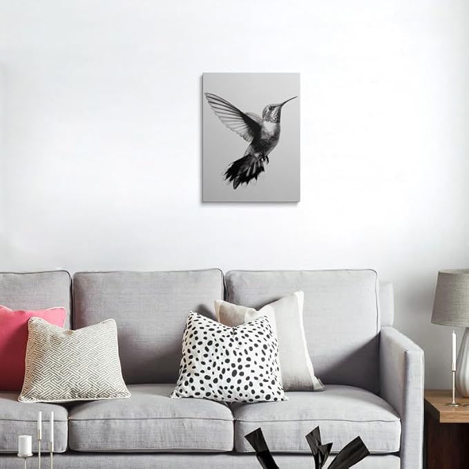 Black and White Hummingbird Canvas Wall Art Framed Detailed Pencil Drawing Print High Contrast Minimalist Bird Wall Decor Artwork Poster for Modern Home Office Decor 12x16 Inches