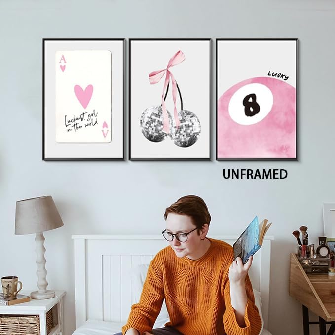 JBZZD Pink Coquette Canvas Wall Art Set of 3 Trendy Preppy Disco 8 Ball Cherry Wall Decor Posters Room Decor Prints Pictures for College Apartment Girls Bedroom Living Room Unframed 12x16 In