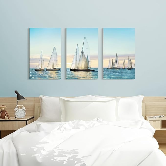 Hardy Gallery sailboat wall art coastal pictures: nautical wall decor sailing artwork blue ocean print in canvas painting for living room 16" x 26" x 3 panels