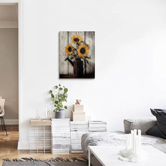 Farmhouse Sunflower Canvas Wall Art Framed Print Rustic Still Life with Vintage Watering Can on Whitewashed Wood Wall Decor Artwork for Kitchen Country Decor 16x24 Inches