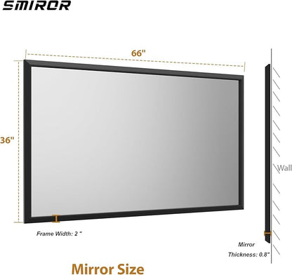 SMIROR Matte Black Bathroom Mirror for Over Sink 66x 36 inch, Metal Thick Frame Rectangle Vanity Mirror for Wall, Anti-Rust, Horizontally or Vertically Mounted