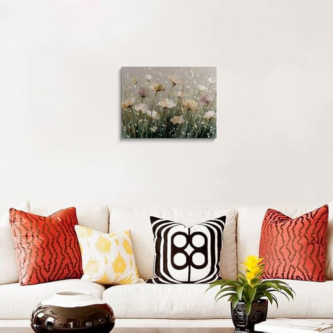 Serene White Lavender Floral Canvas Wall Art Framed Oil Painting Impressionist Botanical Print Thick Textured Artwork Pastel Wall Decor Poster for Calming Bedroom Living Room Home Decor 16x24 Inches