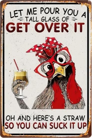Vintage Rooster Drinking Metal Sign, Funny Chicken Quote Wall Decor, 8 x 12 inches