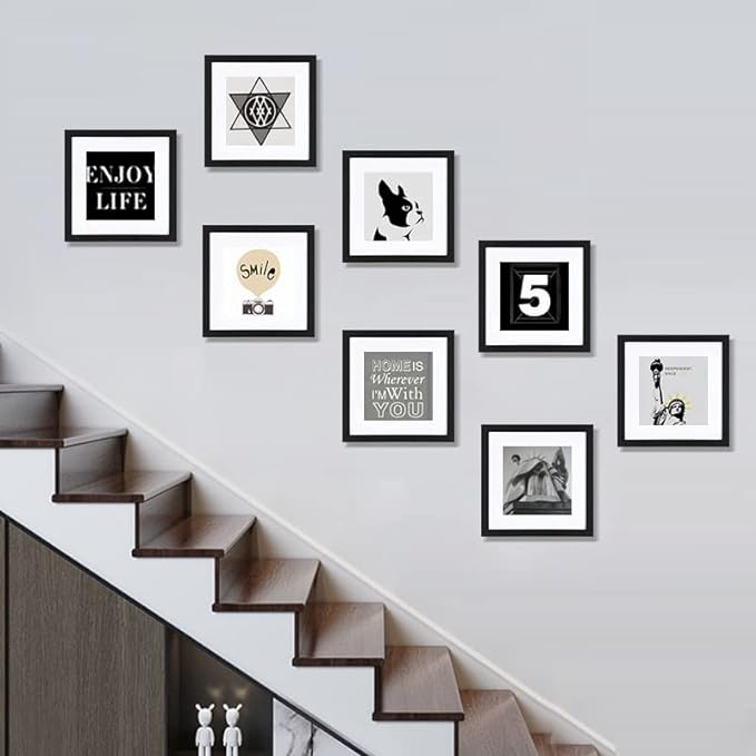 HEART ART 8x8 Black Picture Frame Set of 9,Display Pictures 4x4 with Mat or 8 x 8 without Mat,Multi Collage Gallery Square Photo Frames for Wall or Tabletop