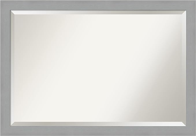 Amanti Art Silver Bathroom Mirror for Over Sink, 27x39 Brushed Nickel Rectangle Vanity Mirror, Large Modern Frame, Hangs Horizonally and Vertically, Bathroom Wall Decor, Beveled Edge