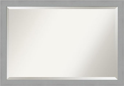 Amanti Art Silver Bathroom Mirror for Over Sink, 27x39 Brushed Nickel Rectangle Vanity Mirror, Large Modern Frame, Hangs Horizonally and Vertically, Bathroom Wall Decor, Beveled Edge
