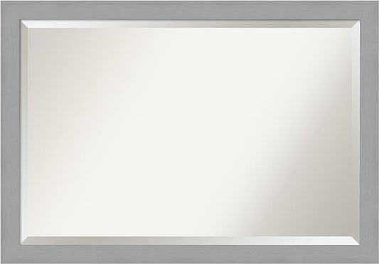 Amanti Art Silver Bathroom Mirror for Over Sink, 27x39 Brushed Nickel Rectangle Vanity Mirror, Large Modern Frame, Hangs Horizonally and Vertically, Bathroom Wall Decor, Beveled Edge