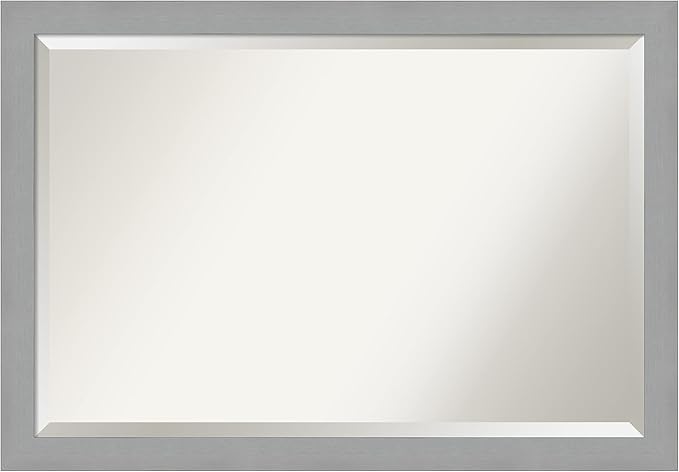 Amanti Art Silver Bathroom Mirror for Over Sink, 27x39 Brushed Nickel Rectangle Vanity Mirror, Large Modern Frame, Hangs Horizonally and Vertically, Bathroom Wall Decor, Beveled Edge