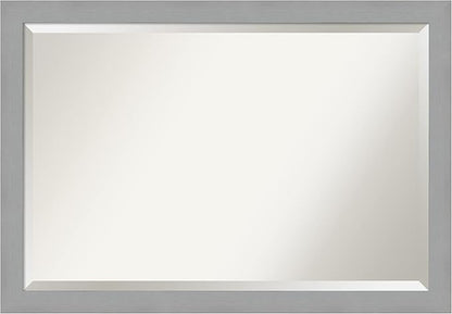 Amanti Art Silver Bathroom Mirror for Over Sink, 27x39 Brushed Nickel Rectangle Vanity Mirror, Large Modern Frame, Hangs Horizonally and Vertically, Bathroom Wall Decor, Beveled Edge