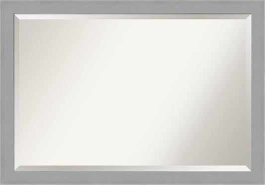 Amanti Art Silver Bathroom Mirror for Over Sink, 27x39 Brushed Nickel Rectangle Vanity Mirror, Large Modern Frame, Hangs Horizonally and Vertically, Bathroom Wall Decor, Beveled Edge