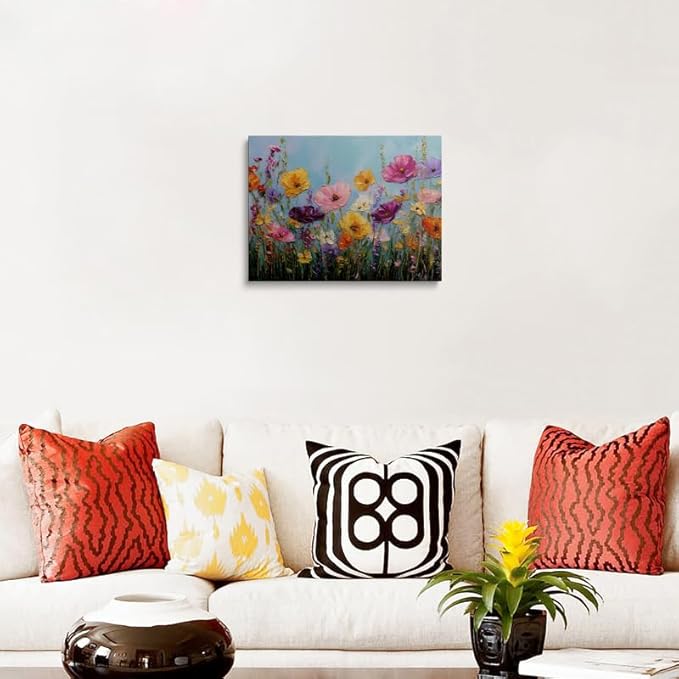 Vibrant Wildflower Poppy Canvas Wall Art Framed Painting Bold Impasto Style Bright Yellow Pink Orange Blooms Textured 3D Effect Cheerful Wall Decor Artwork for Bedroom Office 16x24 Inches