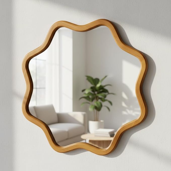 ZIYOO Star Shaped Wall Mirror, Natural Wood Grain Scalloped Edge Decorative Mirror, Boho Accent Mirror for Entryway Bathroom Living Room Bedroom (Wood,28")