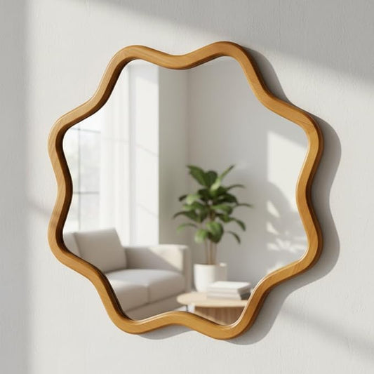 ZIYOO Star Shaped Wall Mirror, Natural Wood Grain Scalloped Edge Decorative Mirror, Boho Accent Mirror for Entryway Bathroom Living Room Bedroom (Wood,28")