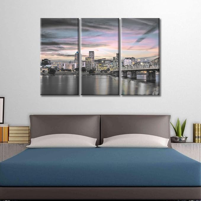 TUMOVO American Cityscape Canvas Wall Art Portland Oregon USA Skyline at Dusk on the Willamette River Pictures Black and White Wall Art 3 Panel Posters and Prints Framed Ready to Hang (42" Wx28 H)