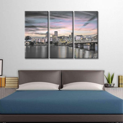 TUMOVO American Cityscape Canvas Wall Art Portland Oregon USA Skyline at Dusk on the Willamette River Pictures Black and White Wall Art 3 Panel Posters and Prints Framed Ready to Hang (42" Wx28 H)