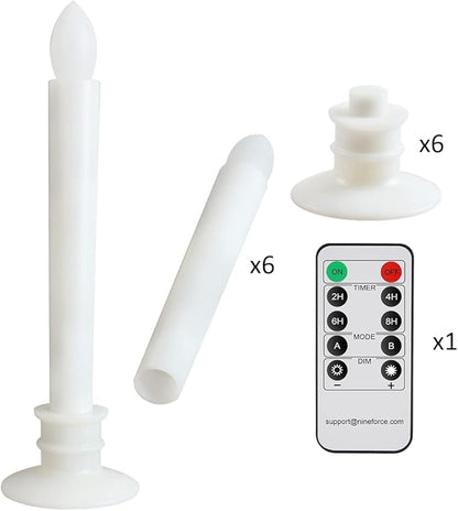 6 Pack Flameless Taper Candles with Remote/Timer, Battery Operated Flickering LED Window Candles, Vintage Christmas Electric Fake Candlesticks, White Holder