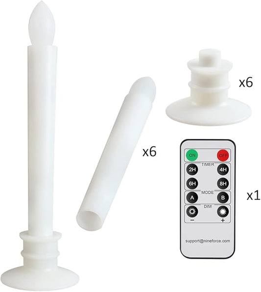 6 Pack Flameless Taper Candles with Remote/Timer, Battery Operated Flickering LED Window Candles, Vintage Christmas Electric Fake Candlesticks, White Holder