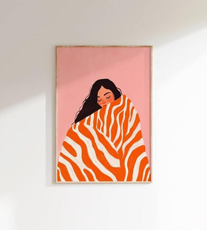 ZHBJSM Cozy Woman Wall Art Modern Soft Pastel Pink Orange Textured Blanket Gentle Calm Vibe Home Bedroom Living Room Warm Inviting Comfortable Interior Decor Statement Piece 16x24 Inch Unframed