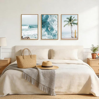 HLNIUC Blue Ocean Surfing Framed Canvas Wall Art,Large Seascape Tree Wall Decor,Nature Landscape Sea Wave Artwork Set of 3(16x24),Modern Coastal Scenic Prints for Living Room,Bedroom,Bathroom