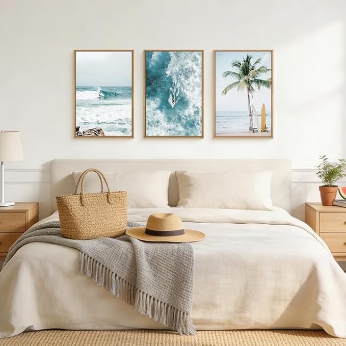 HLNIUC Blue Ocean Surfing Framed Canvas Wall Art,Large Seascape Tree Wall Decor,Nature Landscape Sea Wave Artwork Set of 3(24x36),Modern Coastal Scenic Prints for Living Room,Bedroom,Bathroom