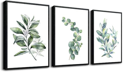 hyidecorart Black Framed Wall Art For Bedroom Wall Decor For Living RoomPlants Green Leaves Painting Bathroom Walls Pictures Kitchen Wall Decorations Office Decor Set Of 3 Piece Framed Prints Art