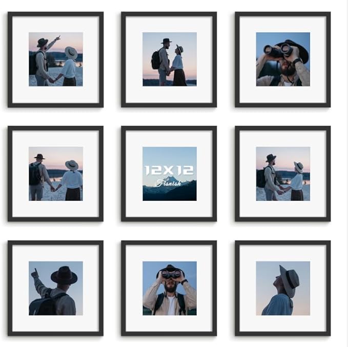 12x12 Picture Frame Sef of 10, Display Pictures 8x8 with Mat or 12 x 12 Without Mat, Photo Frame Collage for Wall Gallery Decor, Wall Mounted, Black