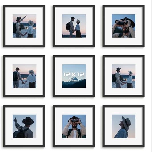 12x12 Picture Frame Sef of 10, Display Pictures 8x8 with Mat or 12 x 12 Without Mat, Photo Frame Collage for Wall Gallery Decor, Wall Mounted, Black