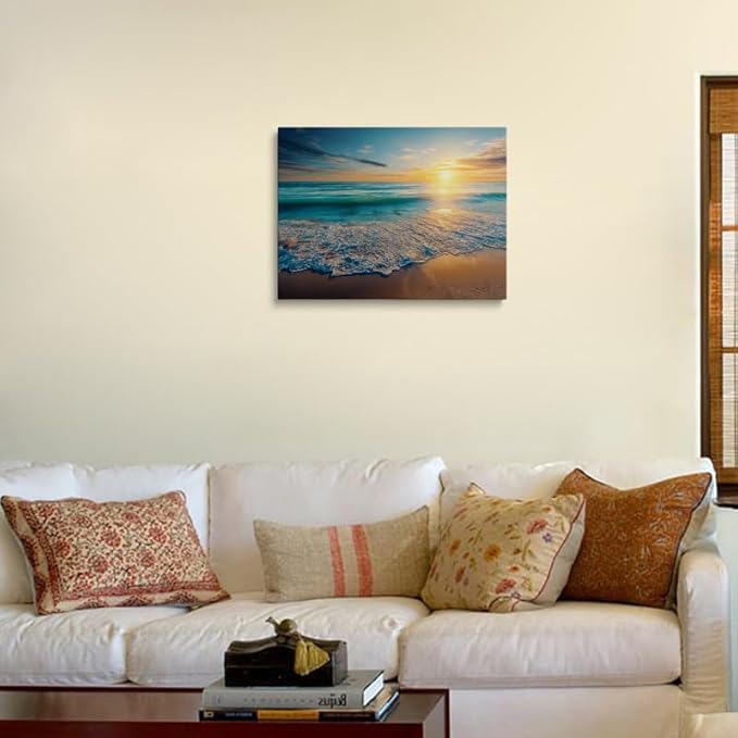 Beach Sunset Wall Art Canvas Framed Painting Golden Sunlight Over Turquoise Ocean Waves Sandy Shore Coastal Wall Decor Artwork for Living Room Bedroom Office 12x16 Inches
