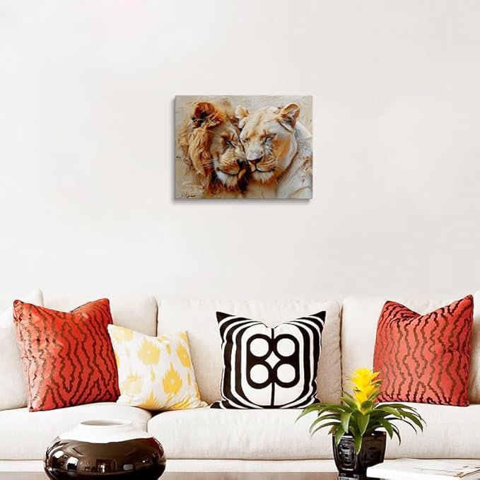 Romantic Lion Couple Canvas Wall Art Framed Painting Lion and Lioness Affection Moment Warm Earthy Tones Impasto Texture Wildlife Wall Decor Artwork for Bedroom Office Den 16x24 Inches