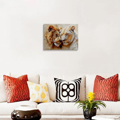 Romantic Lion Couple Canvas Wall Art Framed Painting Lion and Lioness Affection Moment Warm Earthy Tones Impasto Texture Wildlife Wall Decor Artwork for Bedroom Office Den 16x24 Inches
