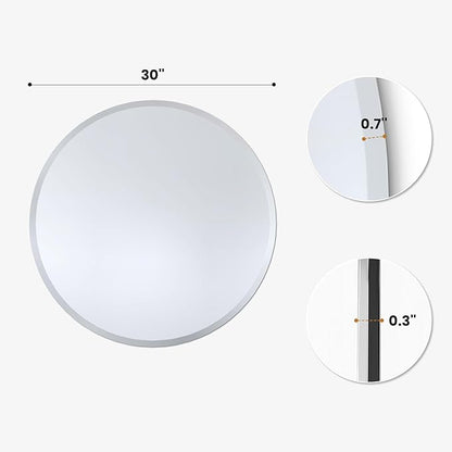 30 Inch Large Round Wall Mirror, Frameless Beveled Circle Mirror for Bathroom Vanity, Statement Decor Mirror for Living Room, Fireplace & Entryway, Solid Backed