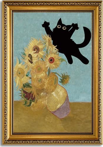 YD&YZY Gold Framed Funny Cat Wall Art Canvas Vintage Black Cat Wall Decor Van Gogh Sunflower Cute Animal Room Aesthetic Print Painting Picture Poster For Home Bedroom Dorm 12x16 inch Framed