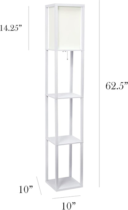 Simple Designs LF1014-WHT-LB Three Shelf Etagere Organizer Storage Floor Lamp with White Linen Shade for Living Room, Bedroom, Office, Hallway, White, with Feit LED Bulb Included