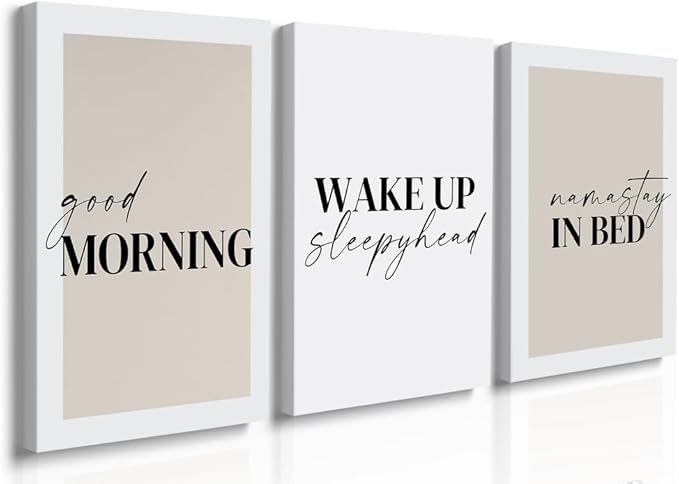 GUBIYU Bedroom & Morning Wall Art Prints Set of 3, Above Bed Decor, Good Morning Namastay in Bed Canvas Art, 20"x28" Each