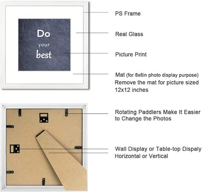 12x12 White Picture Frame Set of 3 for Pictures 8x8 with Mat or 12x12 Without Mat,Wall or Tabletop Gallery Photo Frames with Real Glass