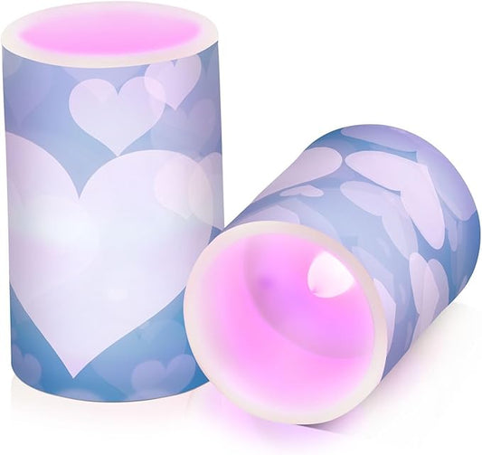 Valentines Lights Flameless Candles Blue Abstract Heart Pillar Candles Set of 2 Battery Operated Remote Control Warm Lights Home Decor