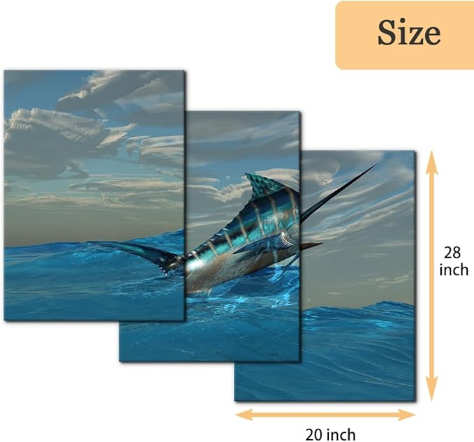 Pacimo Fish Canvas Art Wall Decor Blue Marlin Fish Bursts from Ocean Waters Pictures Prints on Canvas Tropical Animal Paintings 3 Panels Modern Artwork Home Decoration Framed Ready to Hang - 20"x28"x3