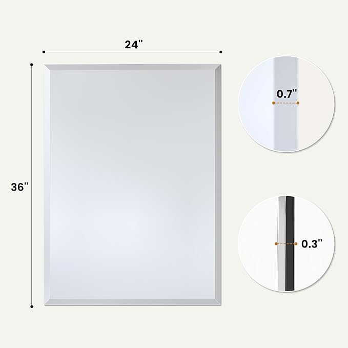 24x36 Inch Frameless Bathroom Mirror with Solid Backing, Large Rectangular Beveled Wall Mirror for Over Sink, Vertical or Horizontal Vanity Mirror for Bathroom, Bedroom, Living Room