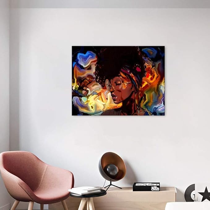 Yatsen Bridge African American Girl Wall Art Canvas Graffiti Style Poster Girl Picture Print with Frame Abstract Artwork for Living Room Ready to Hang - 24x18 inch