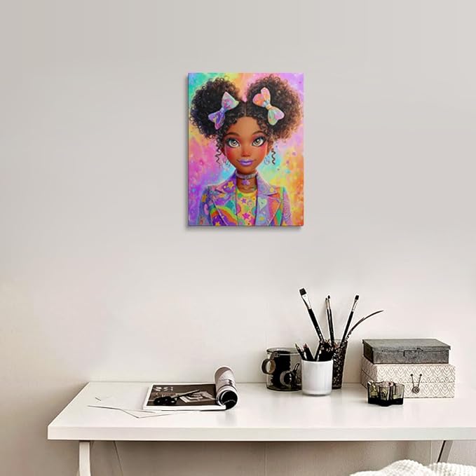 Black Girl Kawaii Art Canvas Wall Art Framed Digital Illustration Cute Curly Hair Pigtails Oversized Blazer Stars Rainbow Wall Decor Artwork Print Poster for Girls Bedroom 12x16 Inches