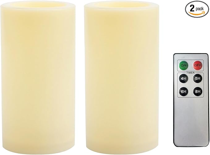 CANDLE CHOICE Outdoor Battery Operated Flameless Candles with Remote Timer Waterproof Flickering Plastic Electric LED Pillar Lights for Lantern Patio Garden Wedding Party Decorations D3”xH6” 2 Pack