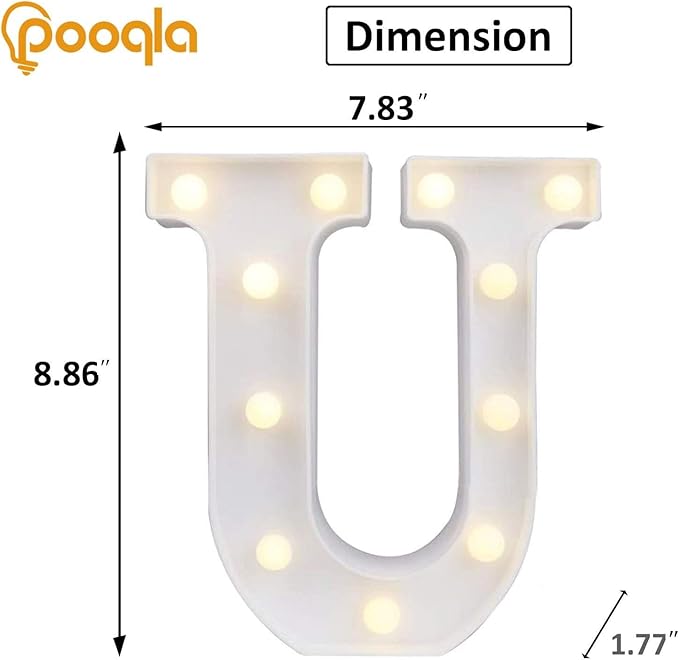 Pooqla LED Light Up Letters, Warm White and Colorful Lighted Marquee Letters with Remote, Lighted Letter for Party Birthday Decorations, Gift for Girls Boys Night Light, Wedding Home Decor, Letter U