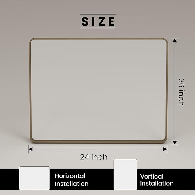 JISOSO Bronze Bathroom Mirror 24x36 Inch, Brushed Bronze Metal Frame Mirror for Wall, Rounded Rectangle Bathroom Vanity Mirror with Tempered Glass, Anti-Rust, Horizontal/Vertical