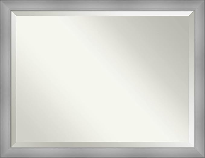 Amanti Art Silver Bathroom Mirror for Over Sink, 34x44 Flair Polished Nickel Rectangle Vanity Mirror, X-Large Casual Frame, Hangs Horizonally and Vertically, Bathroom Wall Decor, Beveled Edge