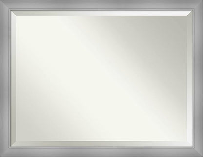 Amanti Art Silver Bathroom Mirror for Over Sink, 34x44 Flair Polished Nickel Rectangle Vanity Mirror, X-Large Casual Frame, Hangs Horizonally and Vertically, Bathroom Wall Decor, Beveled Edge